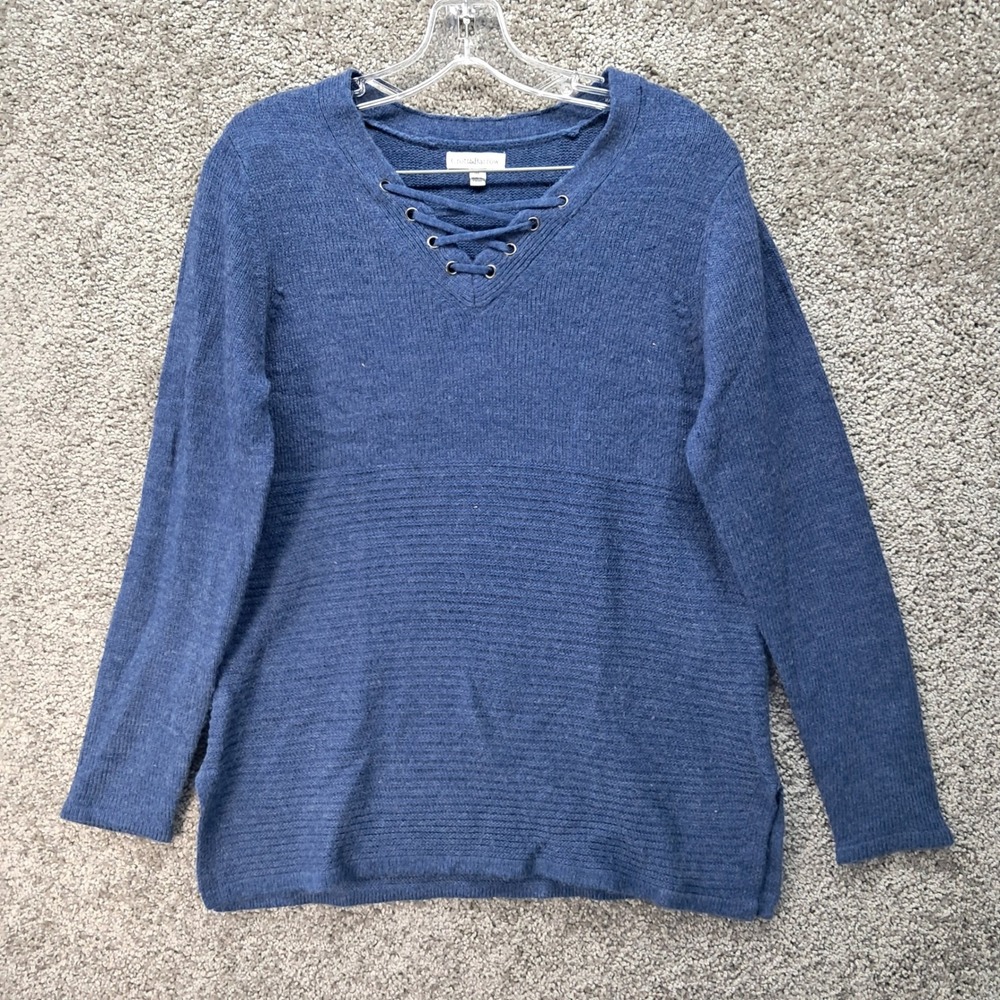Croft & Barrow Womens Blue Lace Up V-Neck Ribbed Knit Pullover Sweater Size M